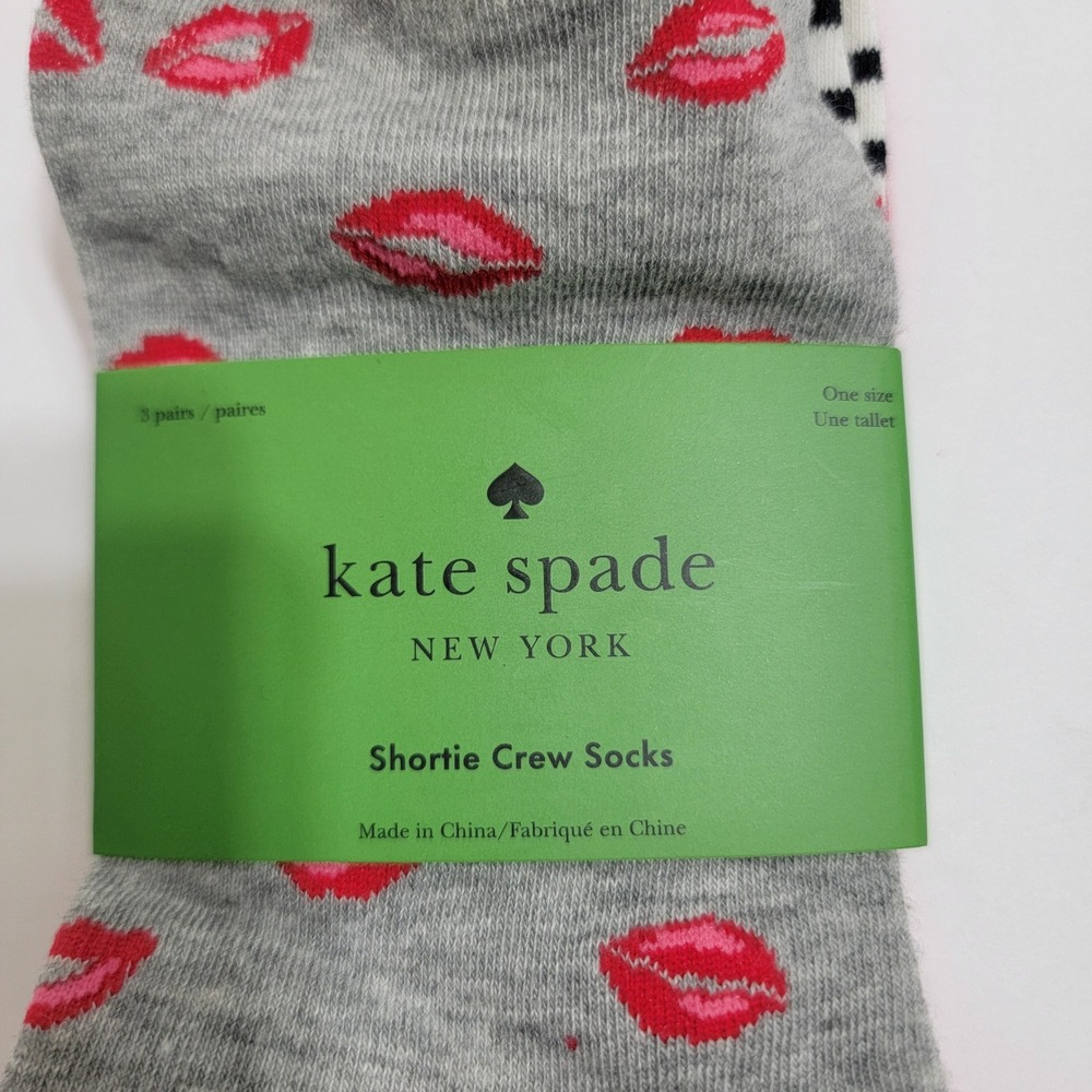 NEW Kate Spade New York Shortie Crew Socks 3 Pairs Lips Kiss Stripes Polka Dots